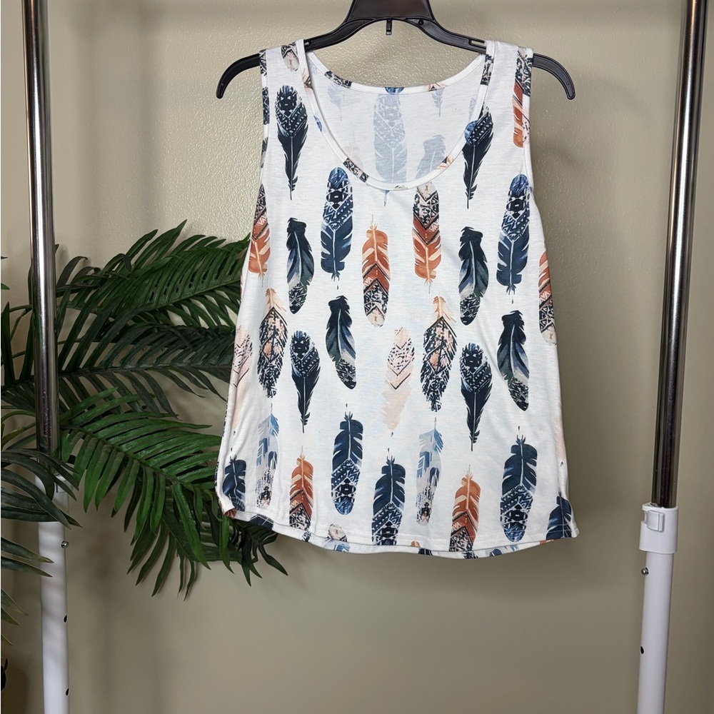 Boho Feather Print Tank Top Lightweight Sleeveless Summer Casual Flowy Top
